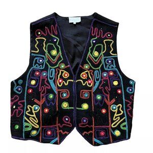 Embroidered Wool Blend Vest Colorful Abstract Design Vtg 90s Emblem Small